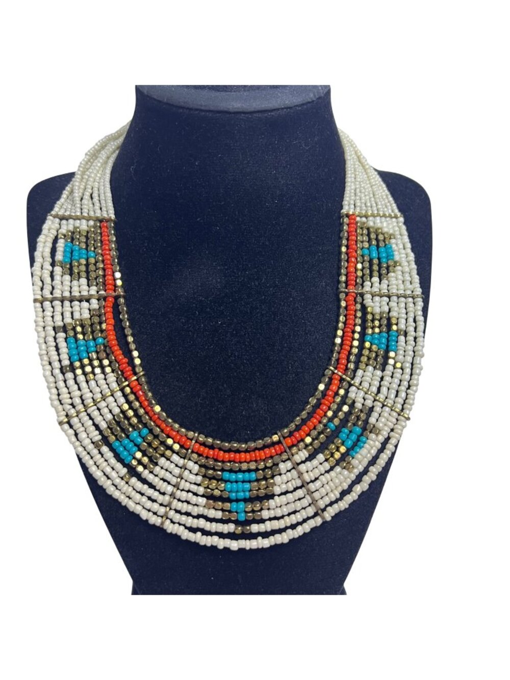 White, Orange and Blue Beaded Tribal Inspired Collar Necklace (6402)